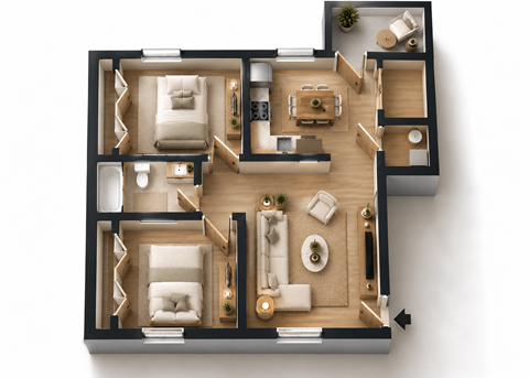 Floor plan for 2 beds, 1 bath, 850 sqft